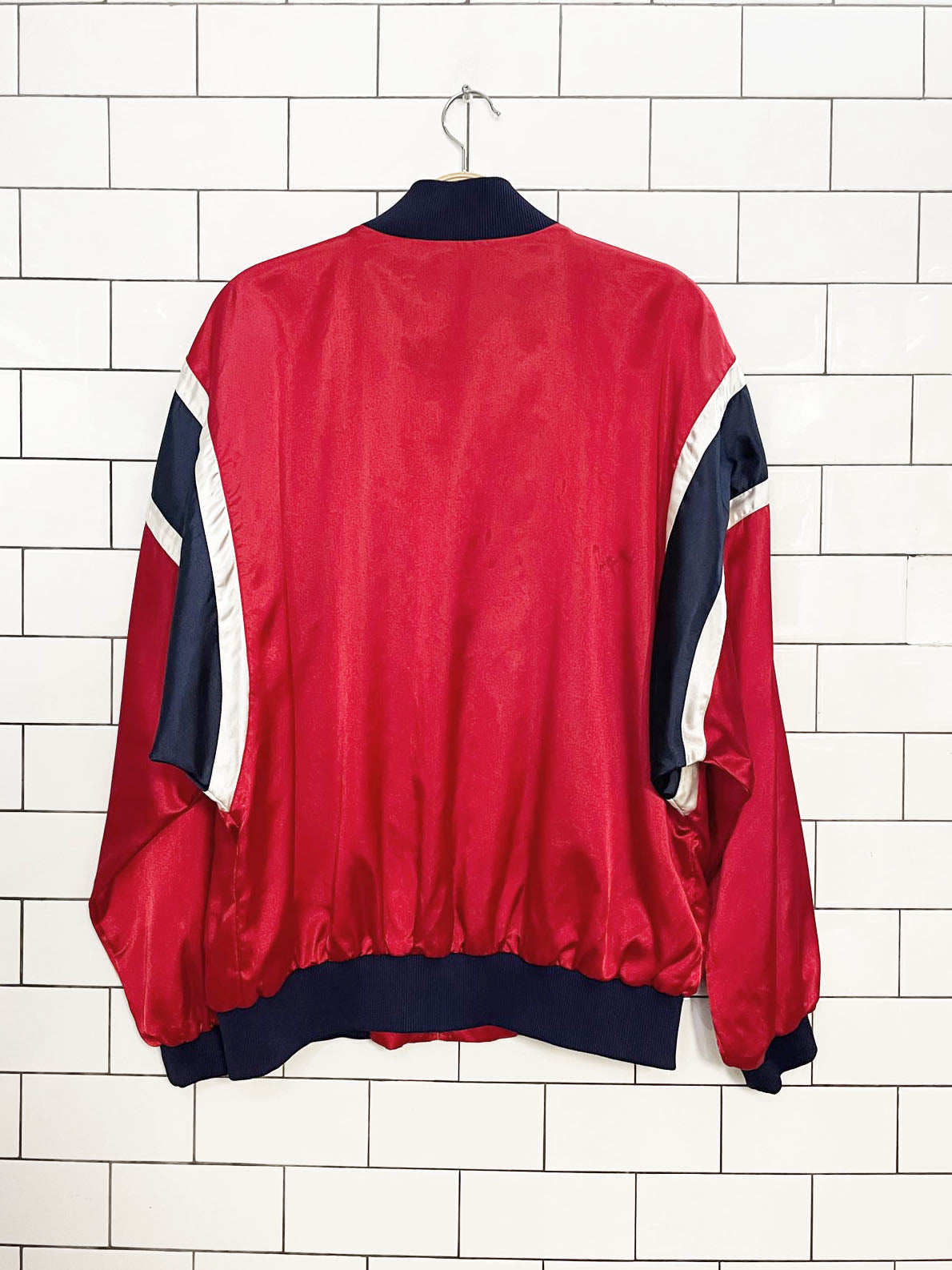 vintage 90s lizsport satin varsity stripe bomber jacket | liz claiborne