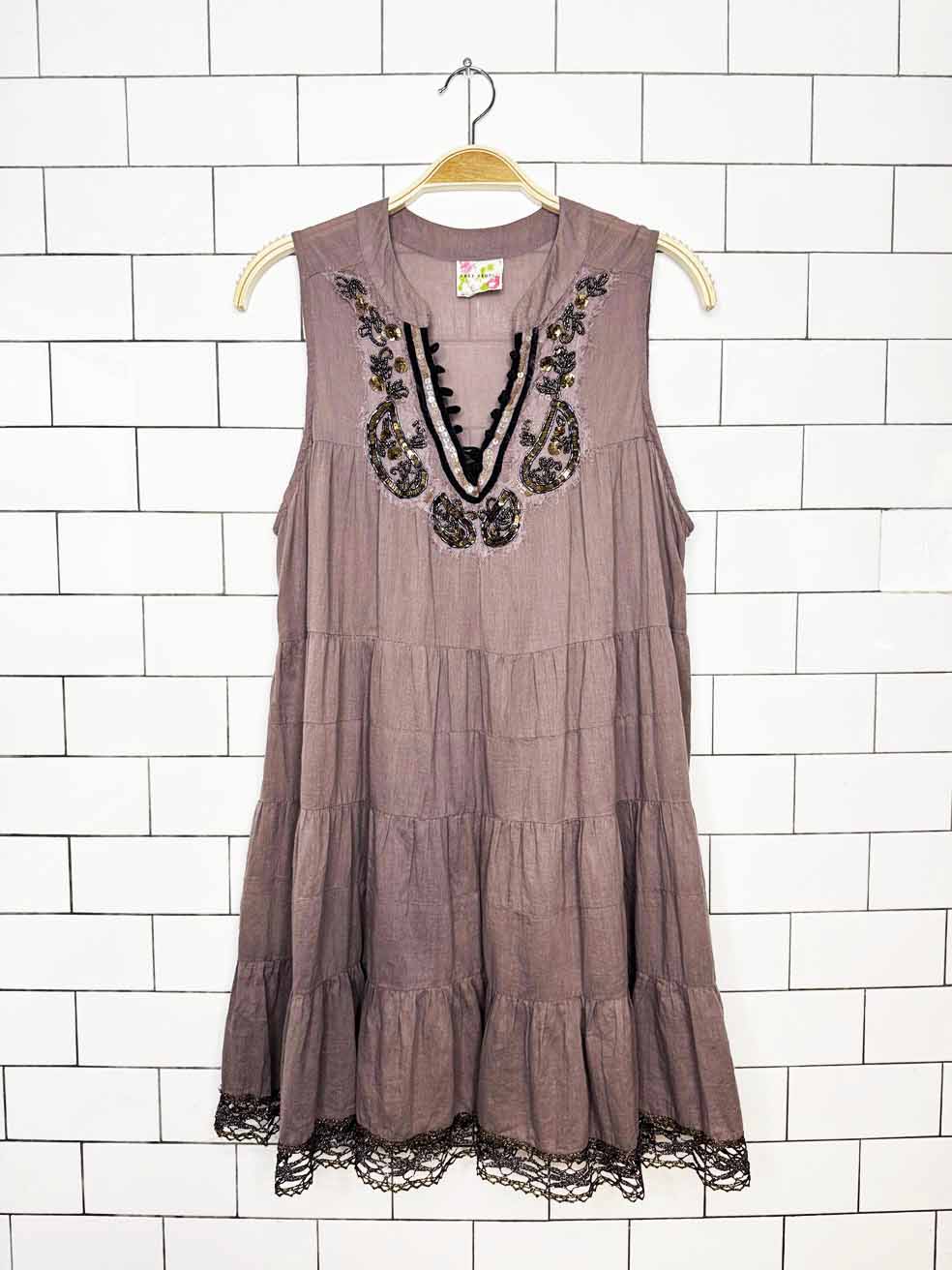 y2k free people babydoll tiered boho beaded mini dress