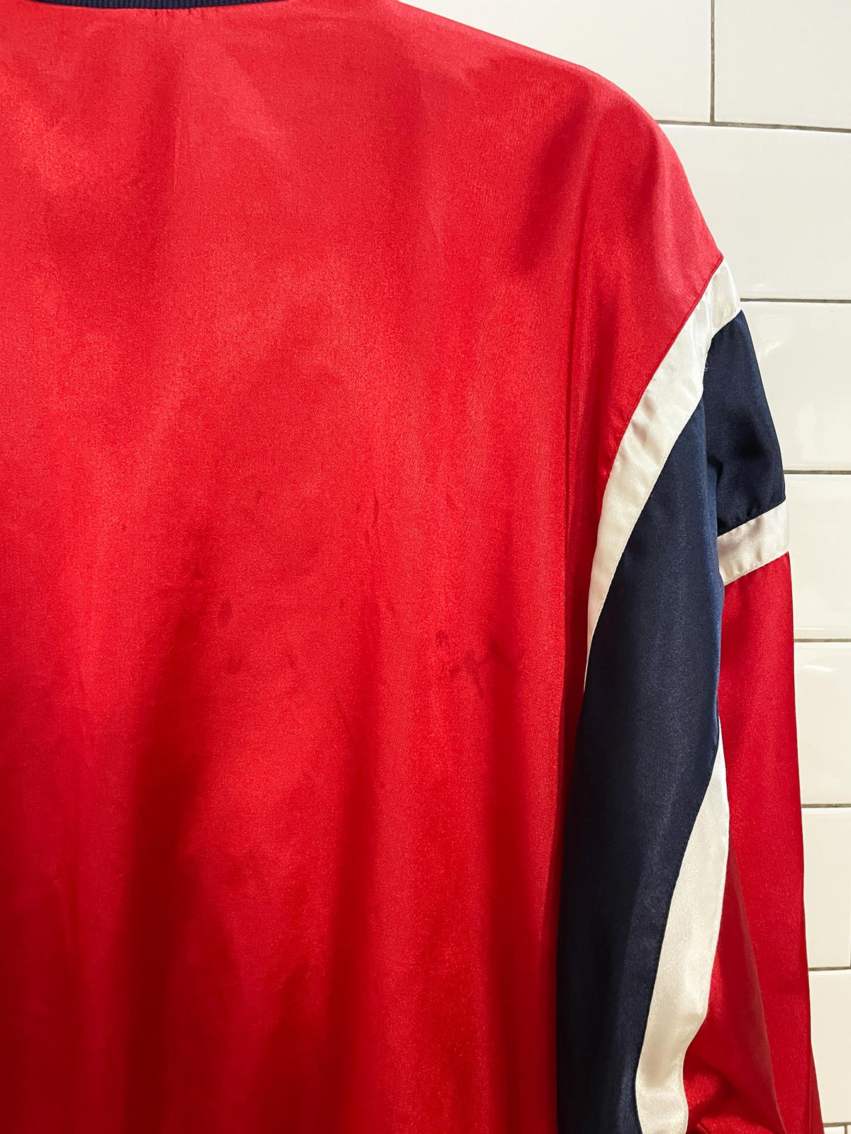 vintage 90s lizsport satin varsity stripe bomber jacket | liz claiborne