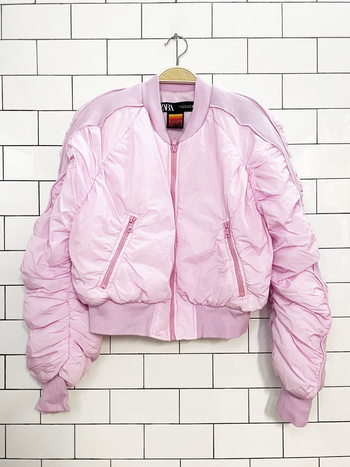 zara x purple magazine bubble crop ruched bomber jacket