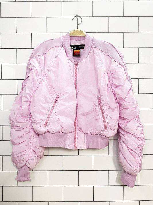 zara x purple magazine bubble crop ruched bomber jacket