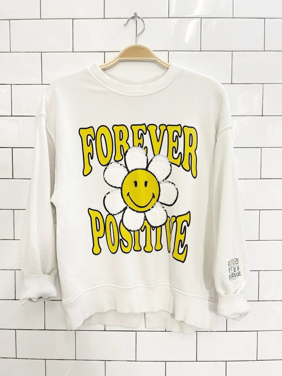zara x smiley world forever positive sequin daisy graphic crew - good market thrift store