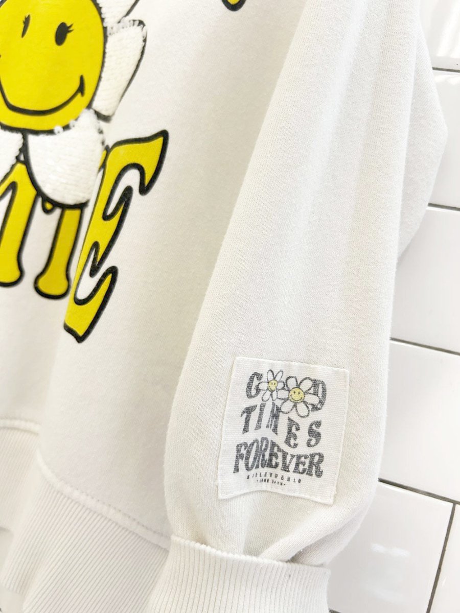 zara x smiley world forever positive sequin daisy graphic crew - good market thrift store
