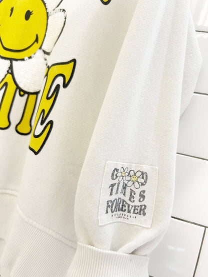 zara x smiley world forever positive sequin daisy graphic crew - good market thrift store