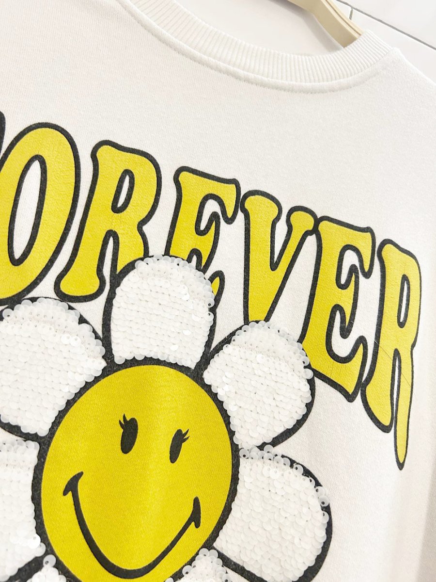 zara x smiley world forever positive sequin daisy graphic crew - good market thrift store