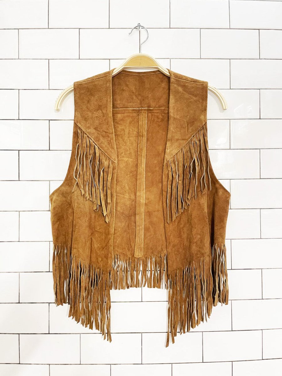 vintage soft suede fringe open rancher vest - good market thrift store
