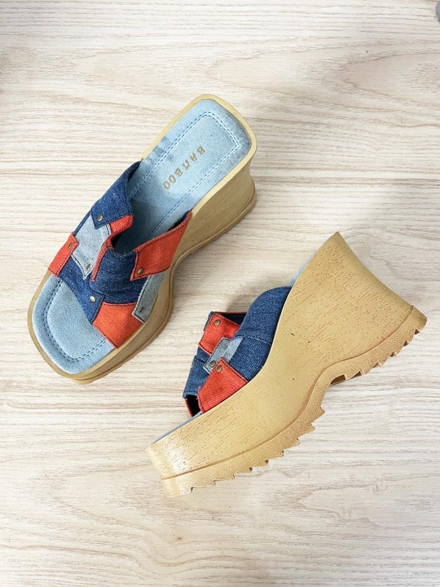 y2k bamboo patchwork denim wedge platform sandals - good market thrift store