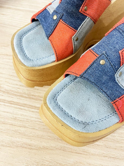 y2k bamboo patchwork denim wedge platform sandals - good market thrift store