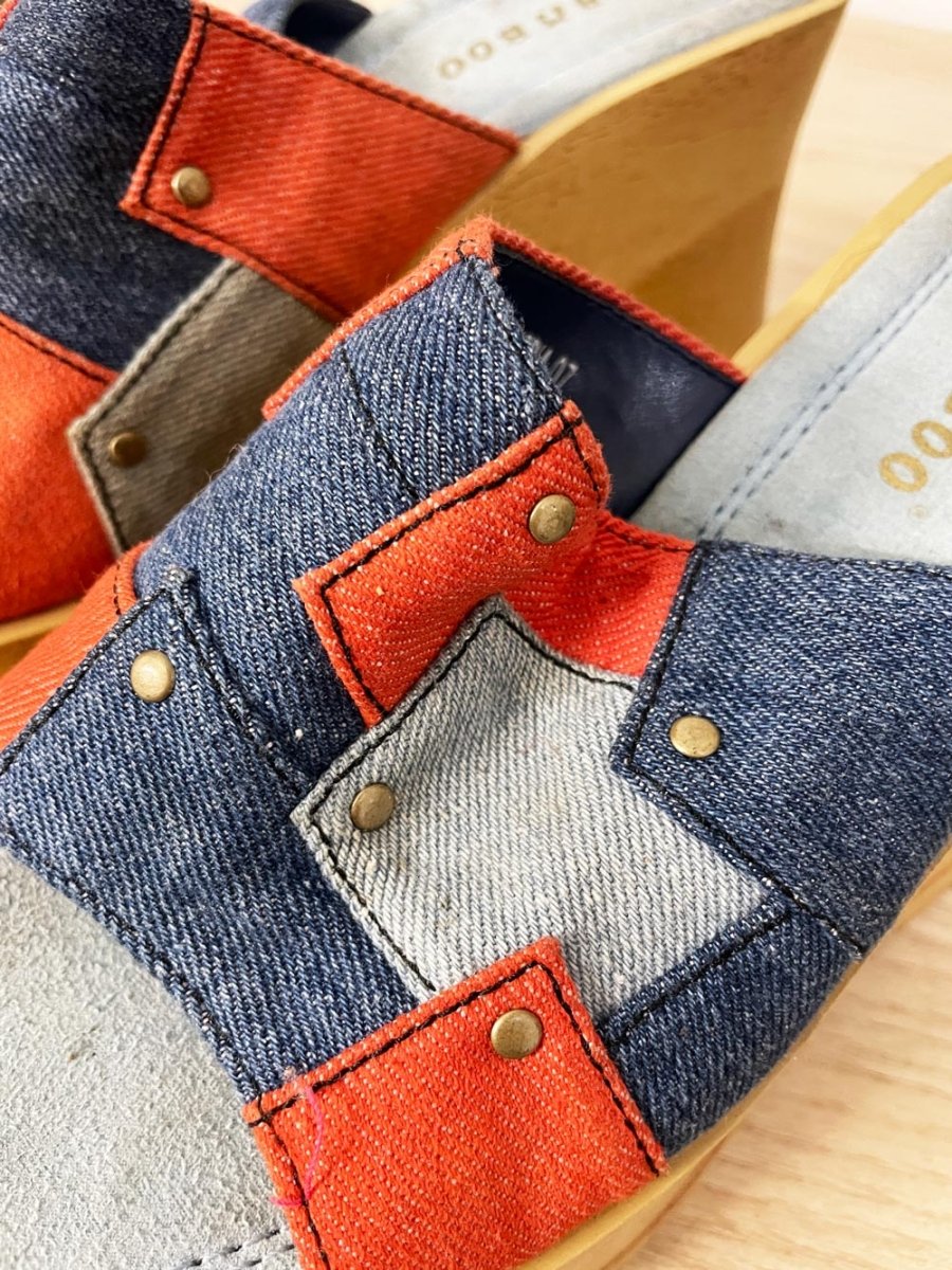 y2k bamboo patchwork denim wedge platform sandals - good market thrift store