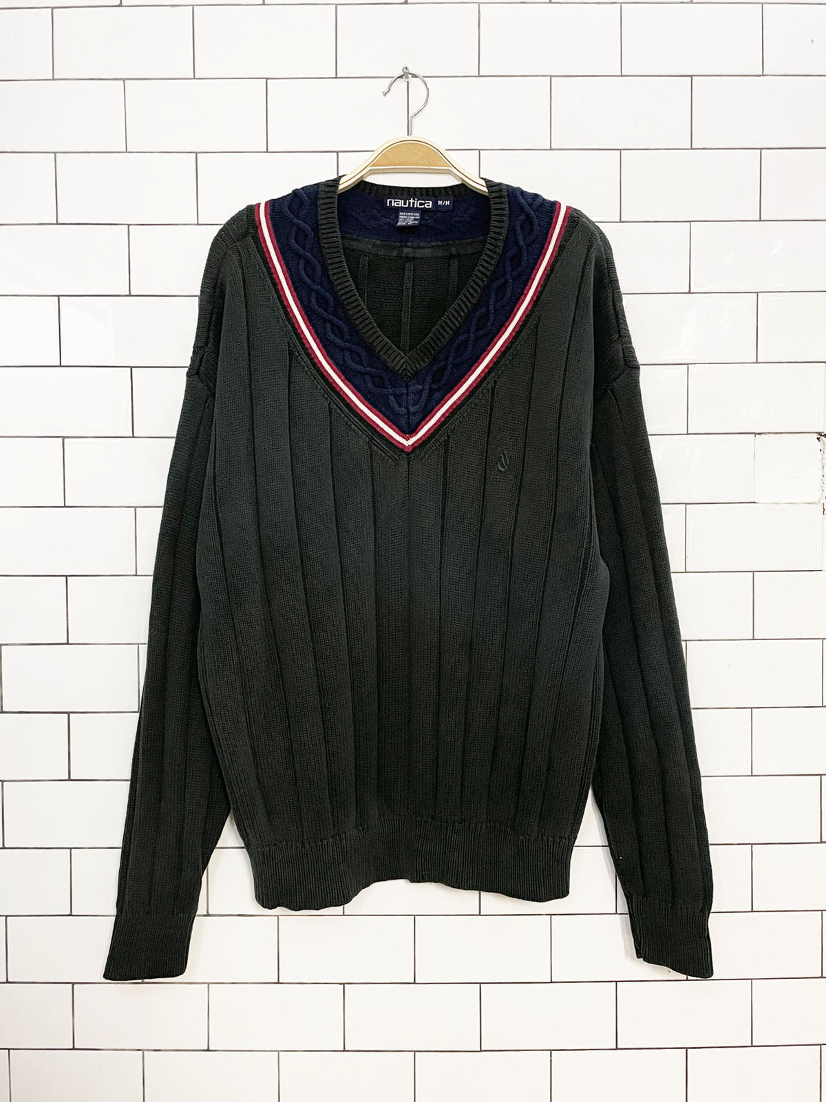 vintage 90s nautica cable knit v-neck tennis prep sweater
