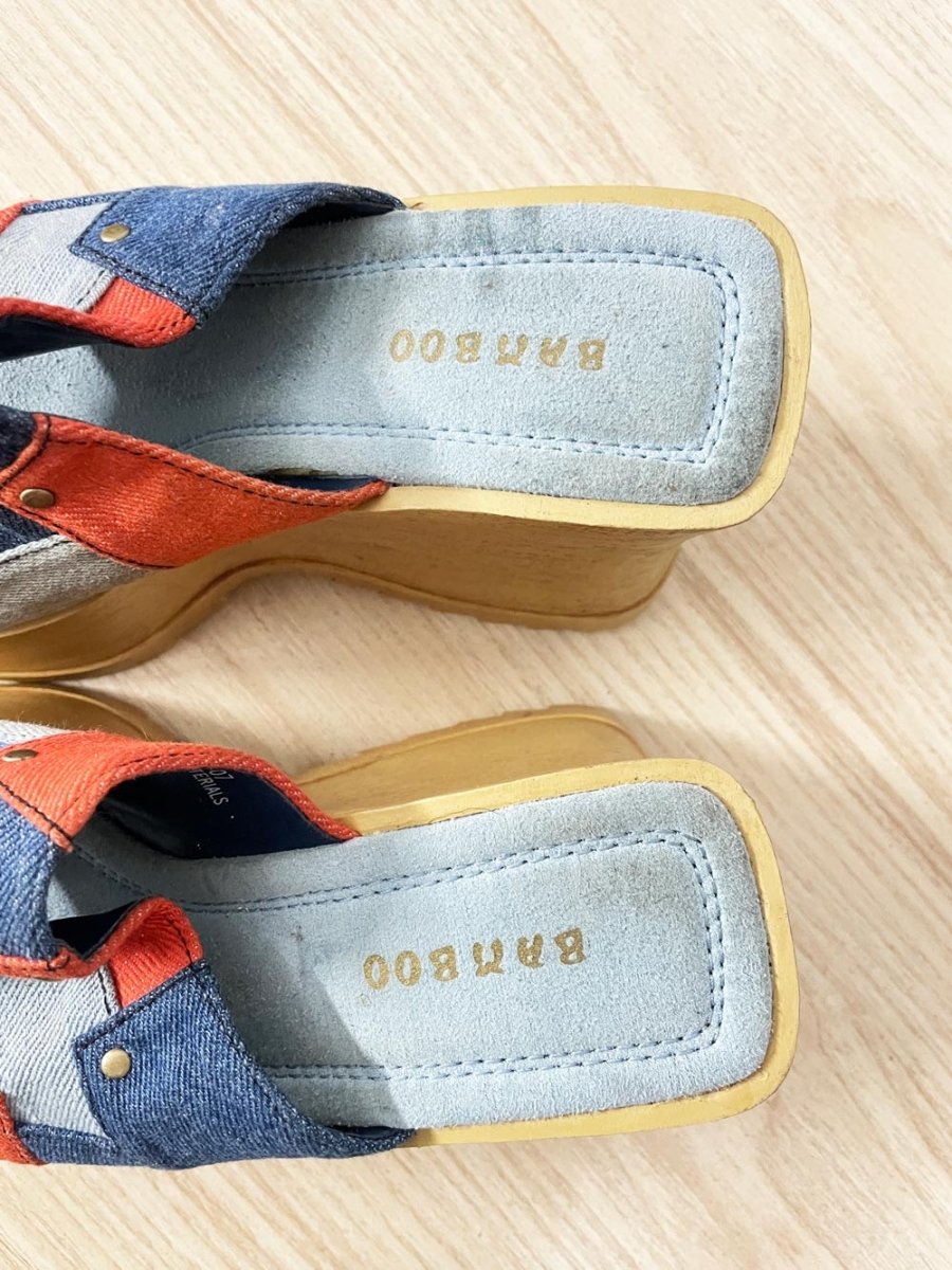 y2k bamboo patchwork denim wedge platform sandals - good market thrift store