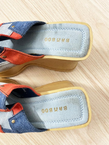 y2k bamboo patchwork denim wedge platform sandals - good market thrift store