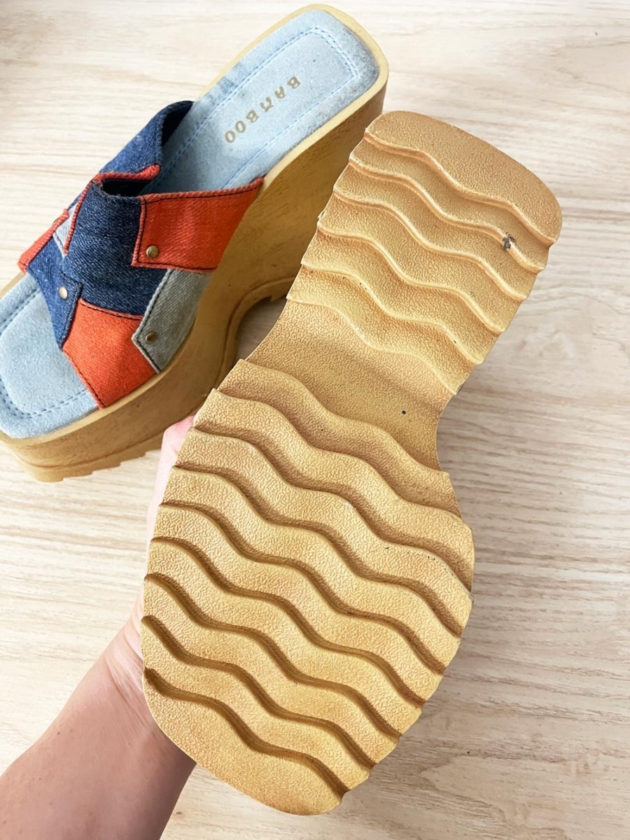 y2k bamboo patchwork denim wedge platform sandals - good market thrift store