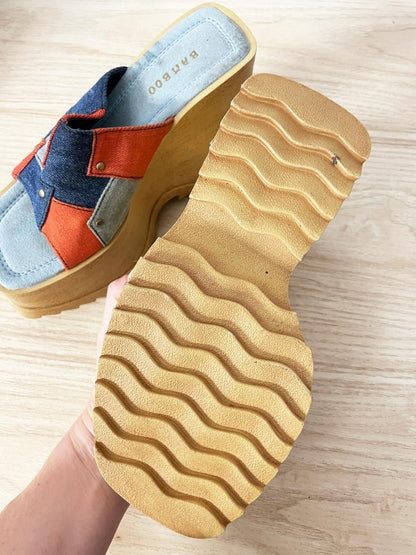 y2k bamboo patchwork denim wedge platform sandals - good market thrift store