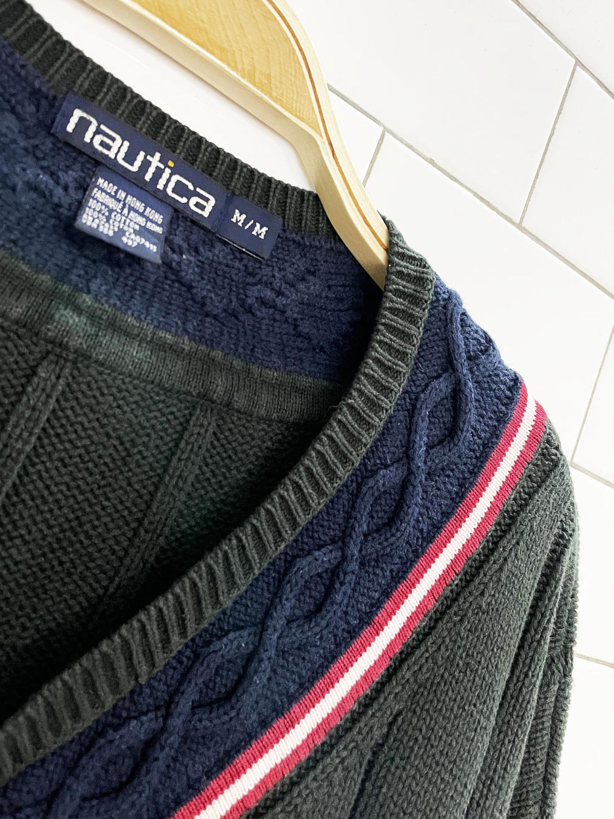 vintage 90s nautica cable knit v-neck tennis prep sweater