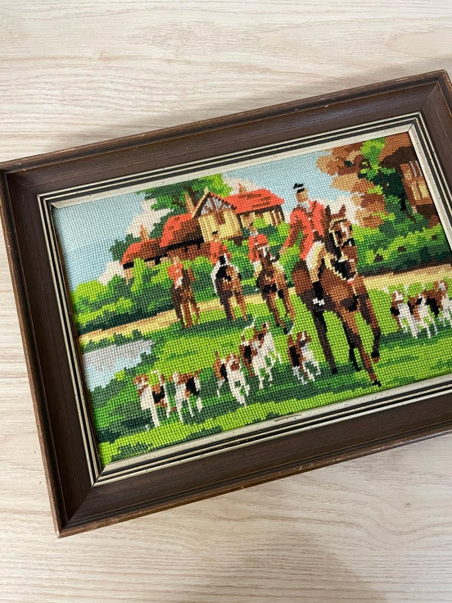 vintage hunting scene cross stitch framed art - good market thrift store
