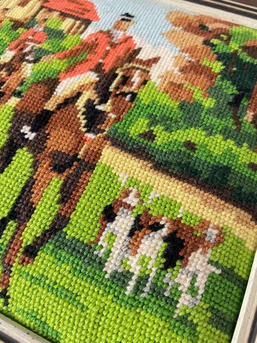 vintage hunting scene cross stitch framed art - good market thrift store