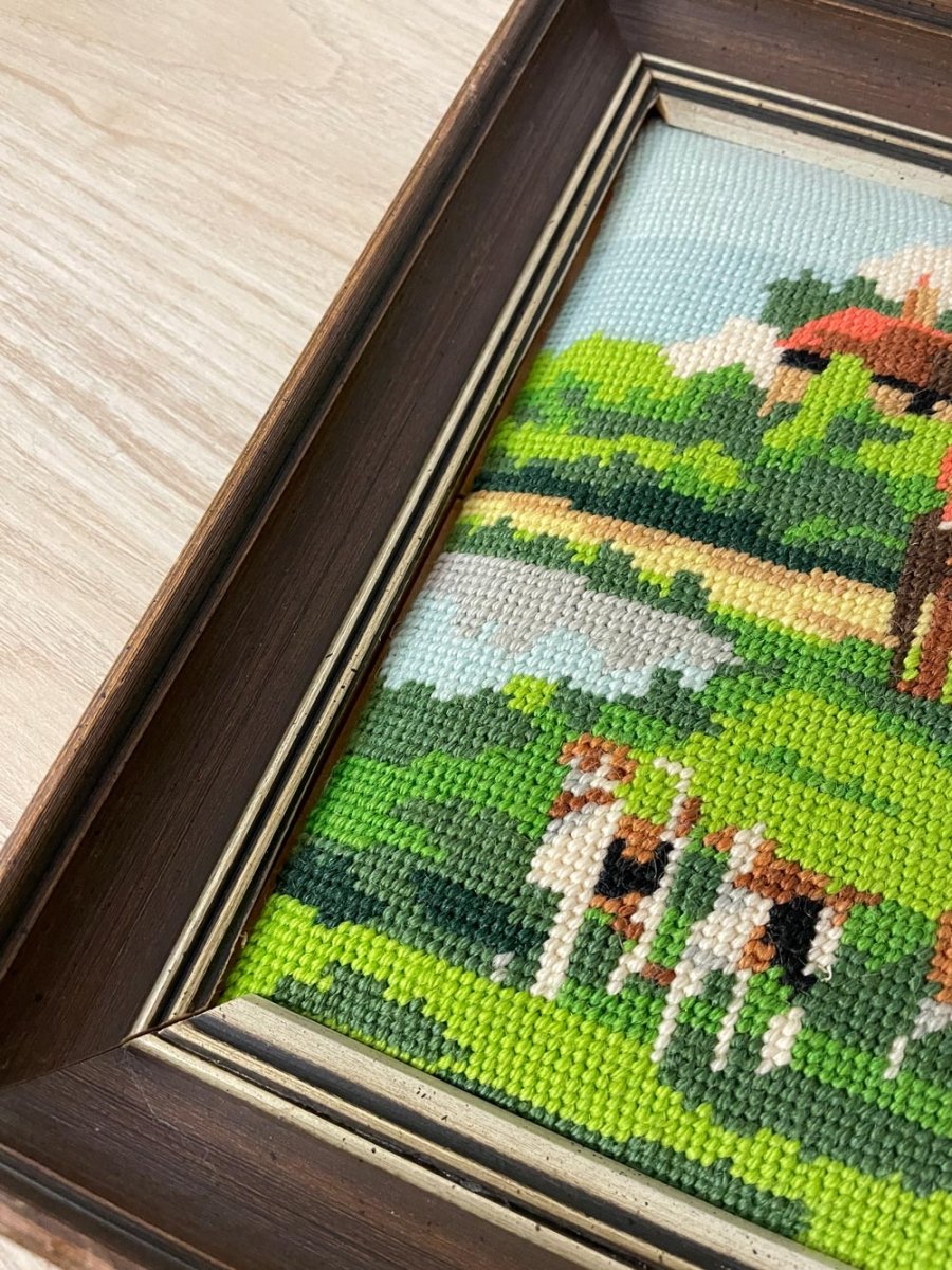 vintage hunting scene cross stitch framed art - good market thrift store