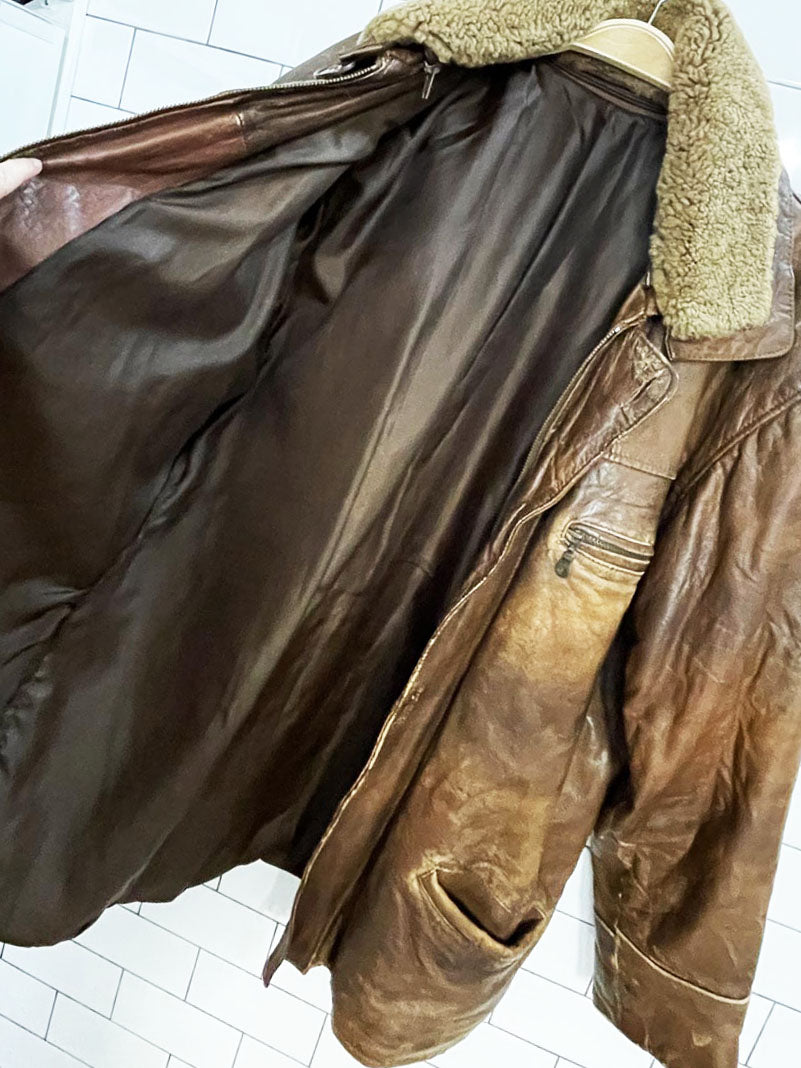 vintage aviator shearling collar soft leather weathered car coat
