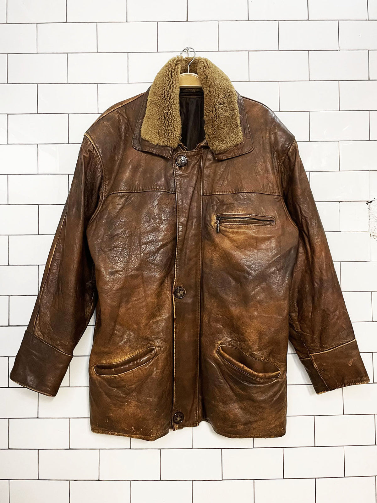 vintage aviator shearling collar soft leather weathered car coat