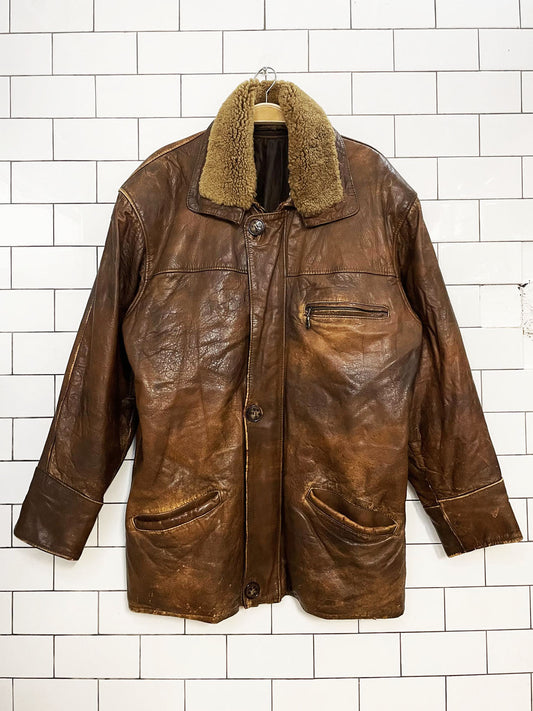vintage aviator shearling collar soft leather weathered car coat