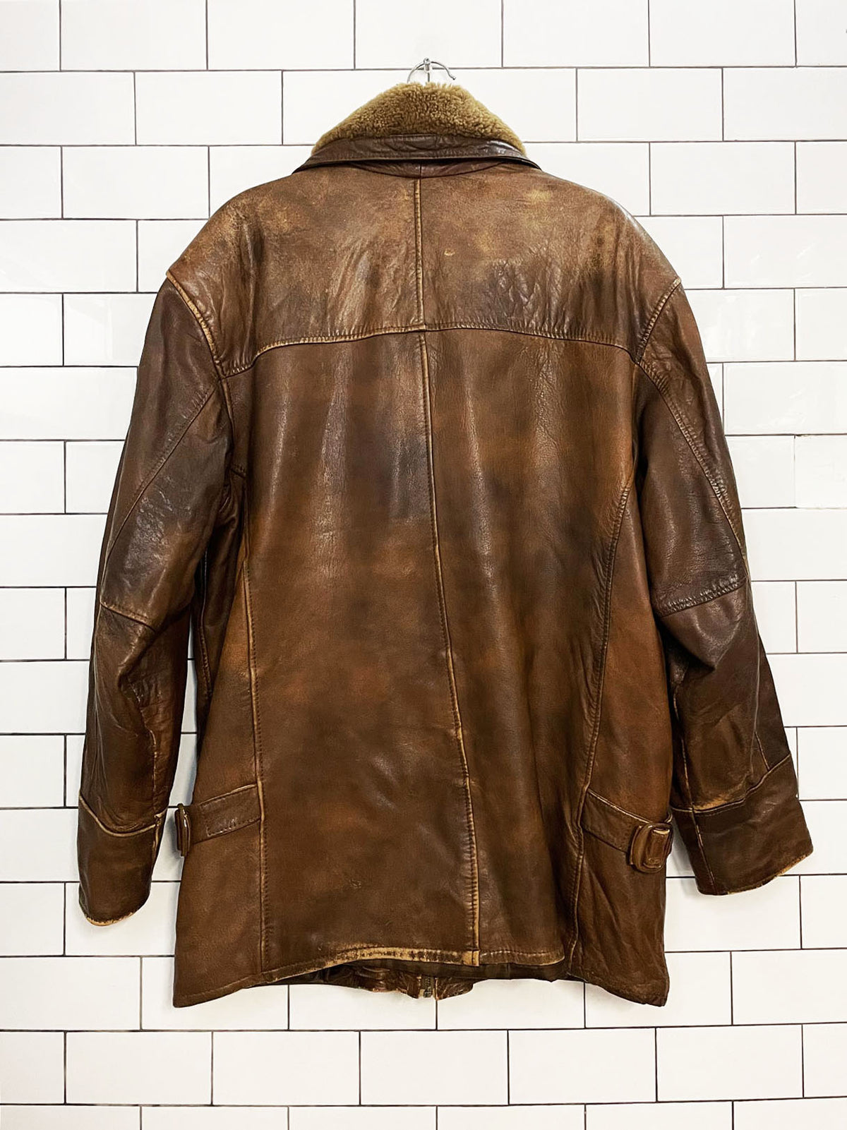 vintage aviator shearling collar soft leather weathered car coat