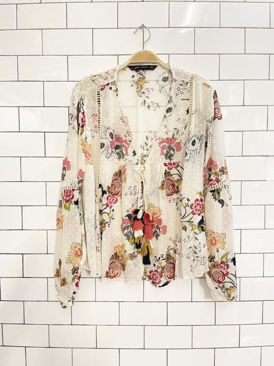zara embroiderd boho chiffon tassel blouse - good market thrift store