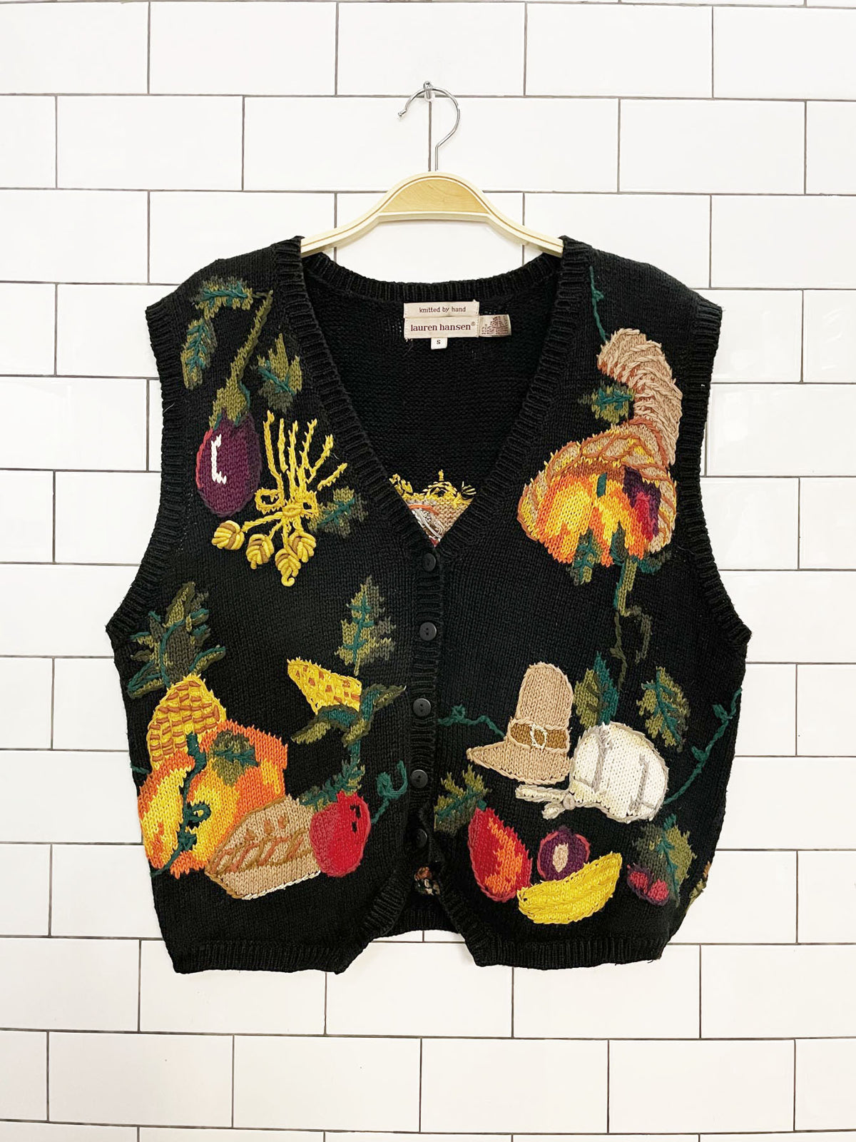 vintage lauren hansen hand-knit thanksgiving vest | ramie-blend