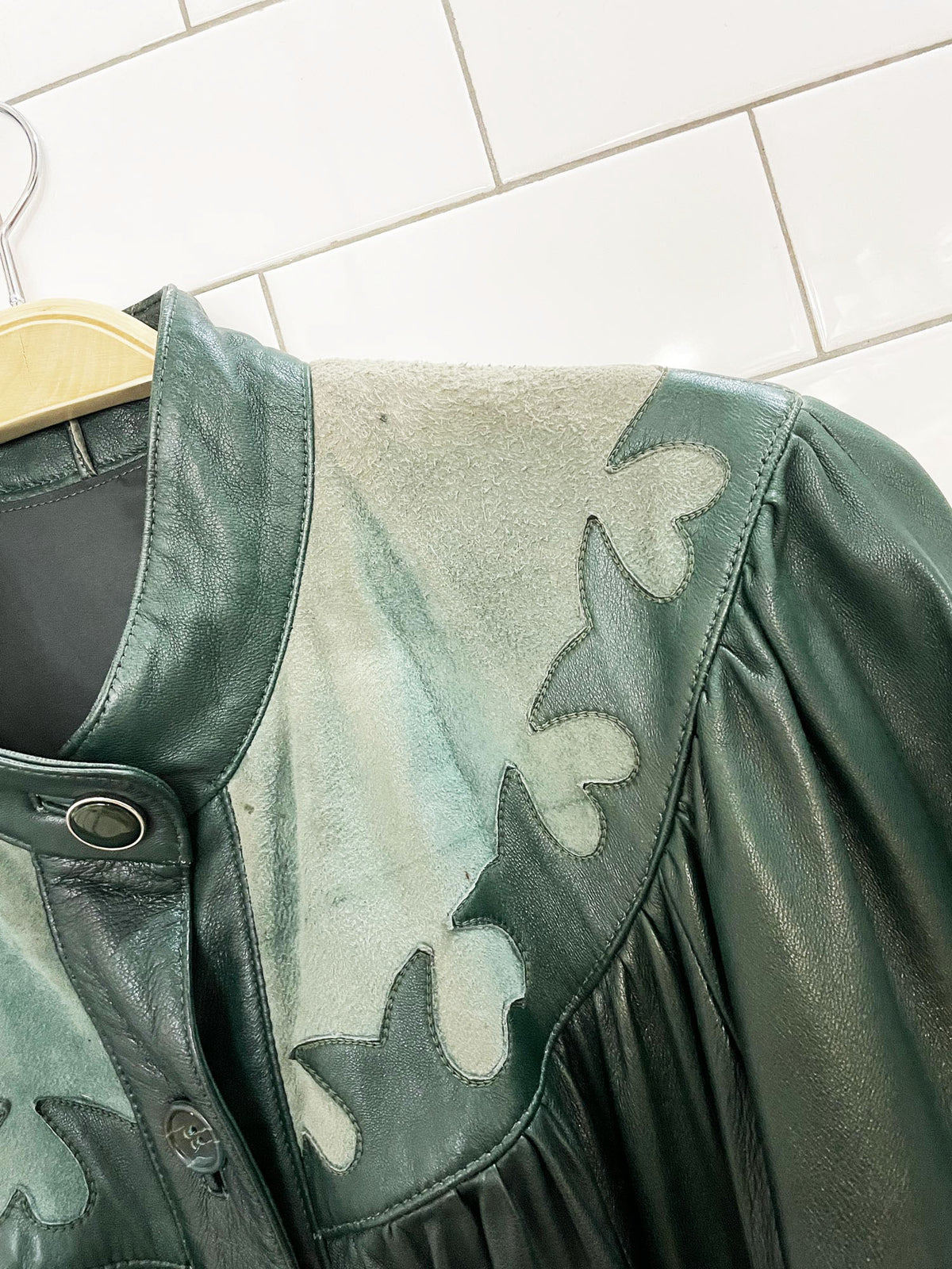vintage soft leather + suede heart cut out long jacket