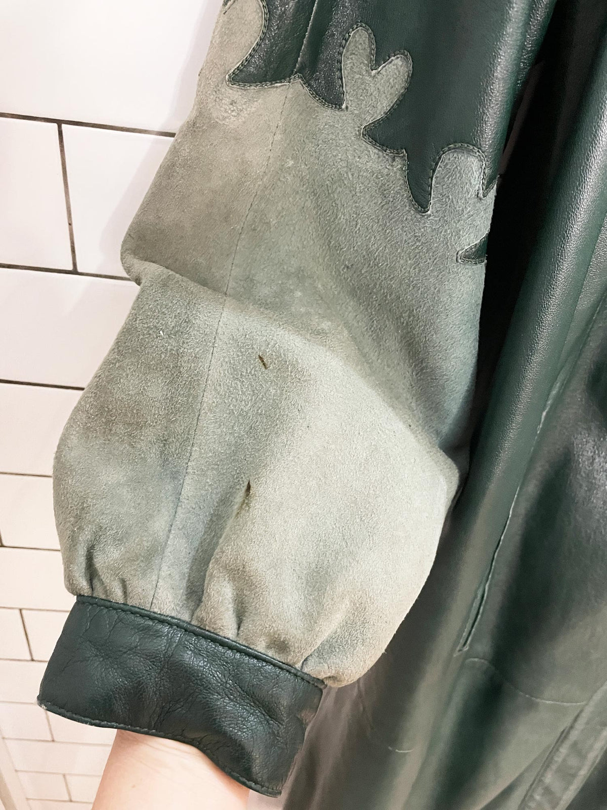 vintage soft leather + suede heart cut out long jacket