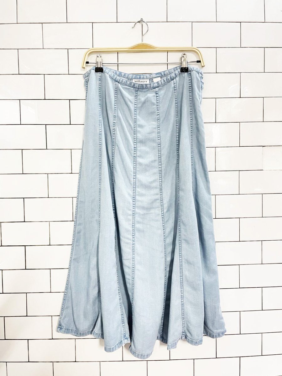 vintage 00s villager paneled full denim chambray midi skirt | liz claiborne - good market thrift store