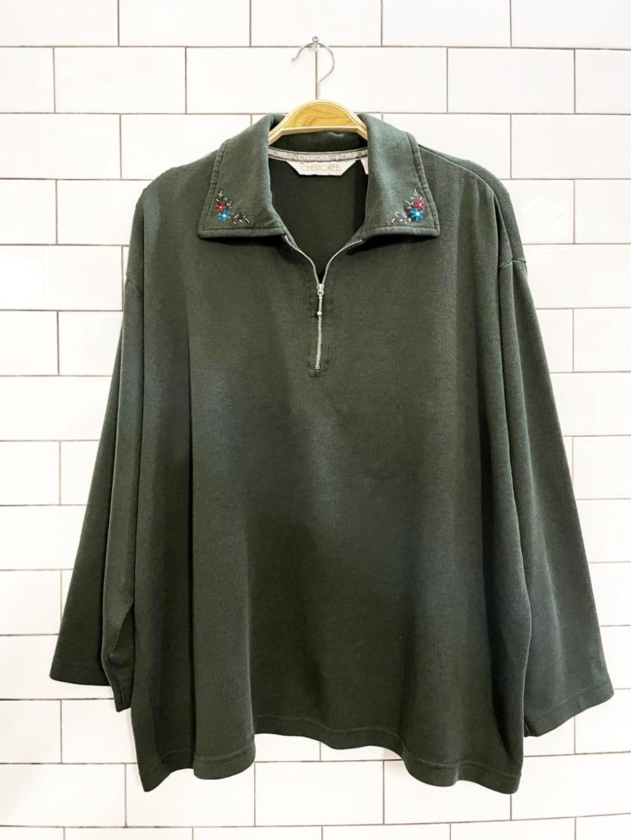 vintage 00s cherokee flower embroidered collar boxy 1/4 zip ribbed sweatshirt - good market thrift store