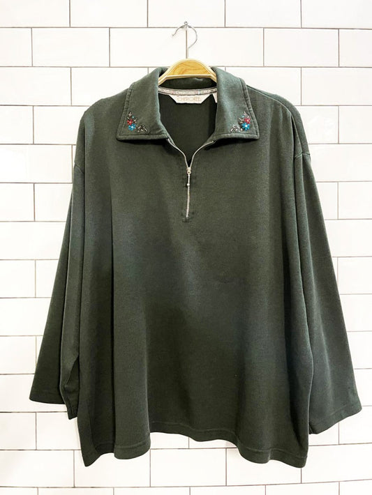 vintage 00s cherokee flower embroidered collar boxy 1/4 zip ribbed sweatshirt - good market thrift store