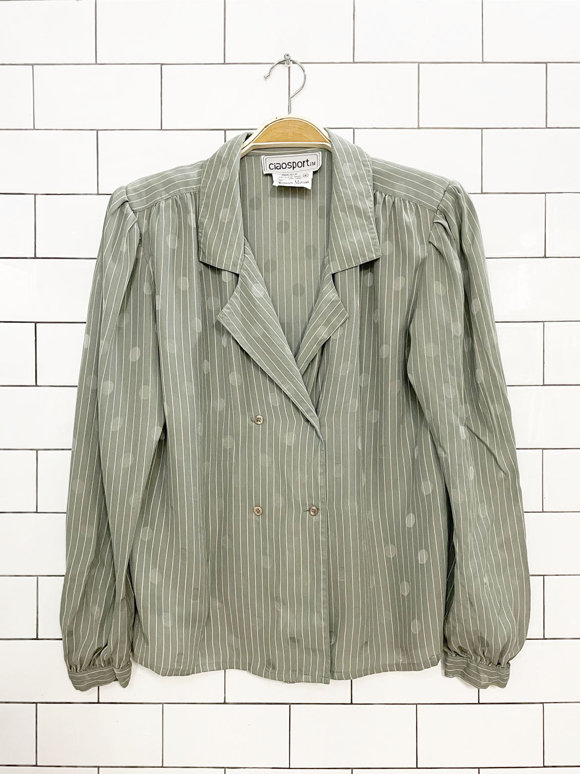 vintage ciao sport 100% silk double breasted stripe polka dot blouse | neiman marcus
