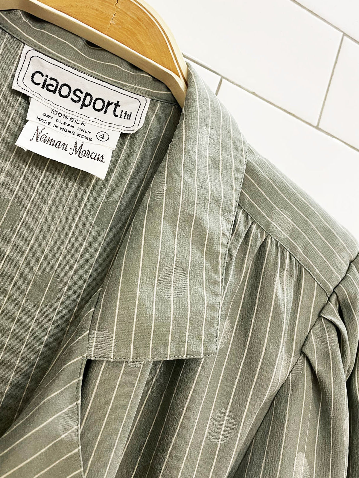 vintage ciao sport 100% silk double breasted stripe polka dot blouse | neiman marcus