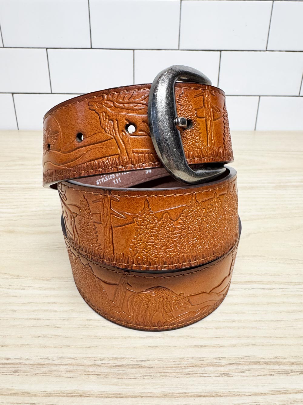 vintage leather stamped nature scene italian style belt