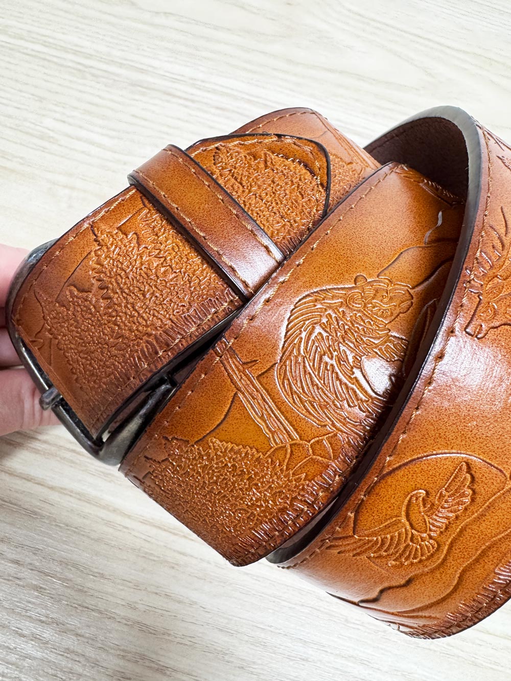 vintage leather stamped nature scene italian style belt