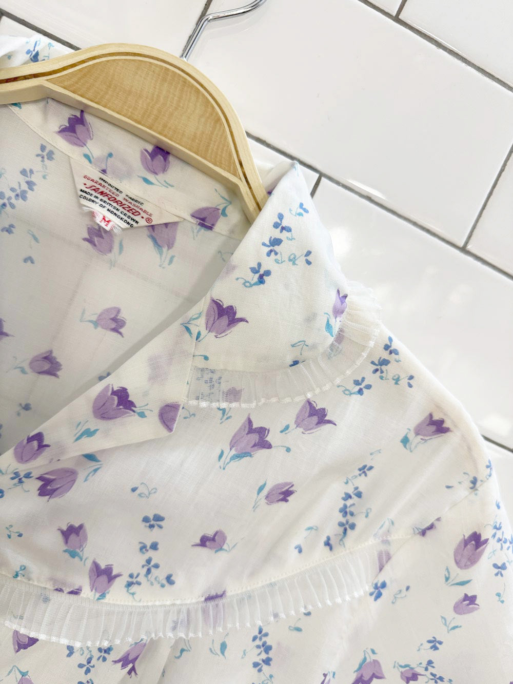 vintage sanforized floral pleated chiffon trim full button blouse