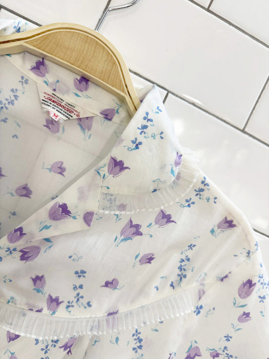 vintage sanforized floral pleated chiffon trim full button blouse