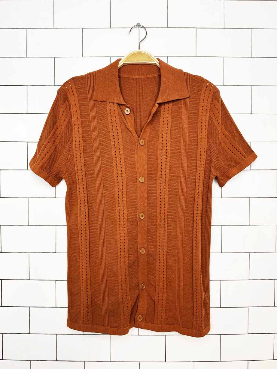 earth tone pointelle knit full button cabana shirt