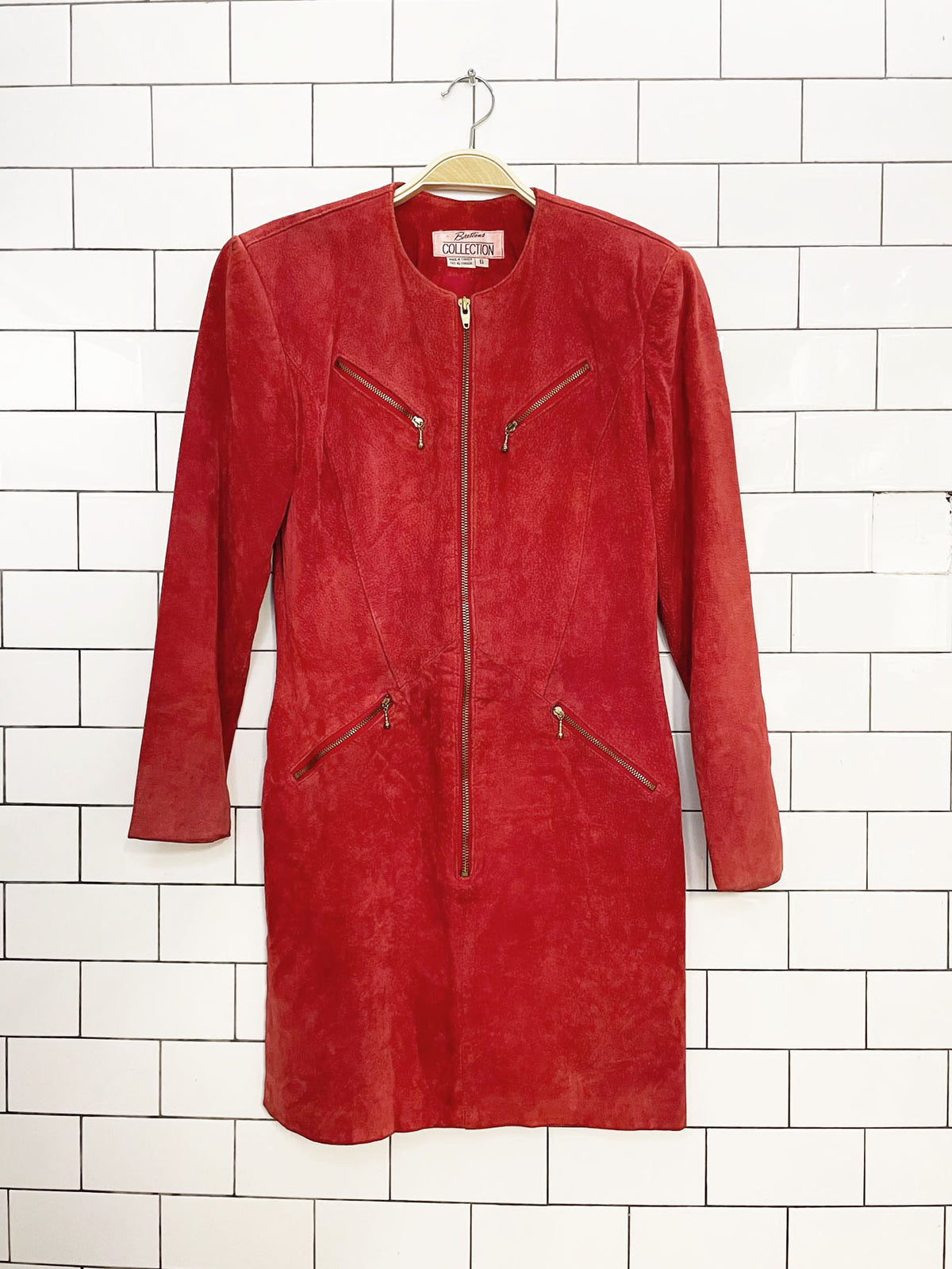 vintage 80s brettons suede fitted zip long sleeve mini dress | union made in canada