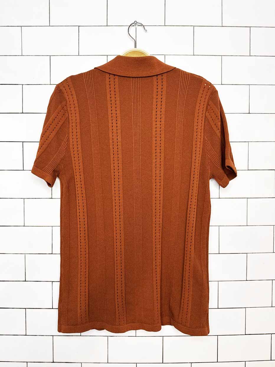 earth tone pointelle knit full button cabana shirt