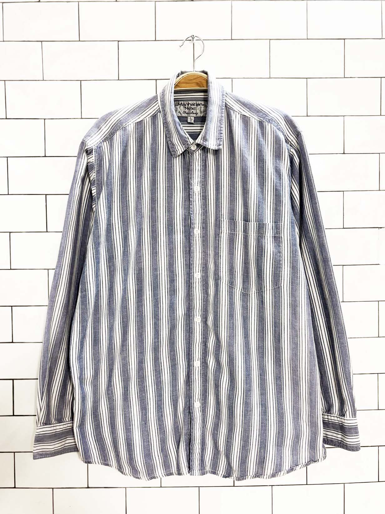 vintage 90s manhattan next striped chambray denim full button shirt