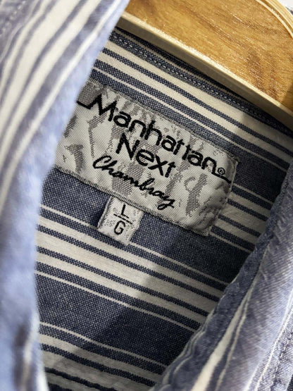 vintage 90s manhattan next striped chambray denim full button shirt