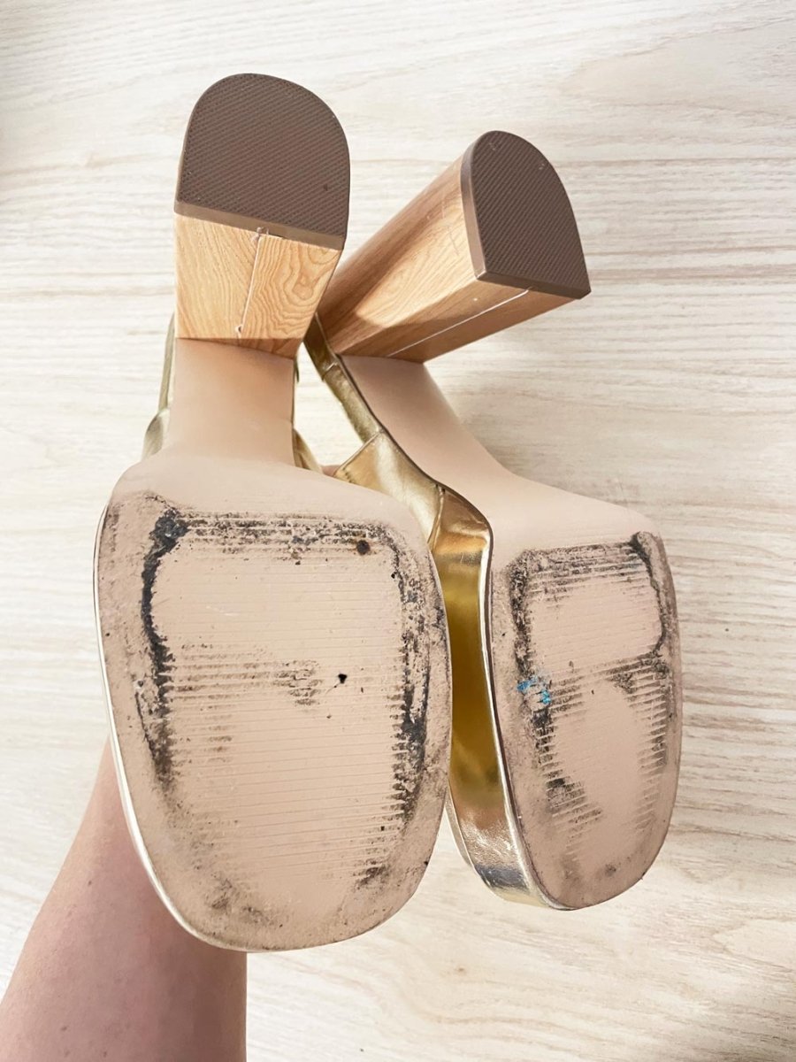 just fab 2024 bristol metallic block heeled sandals - good market thrift store