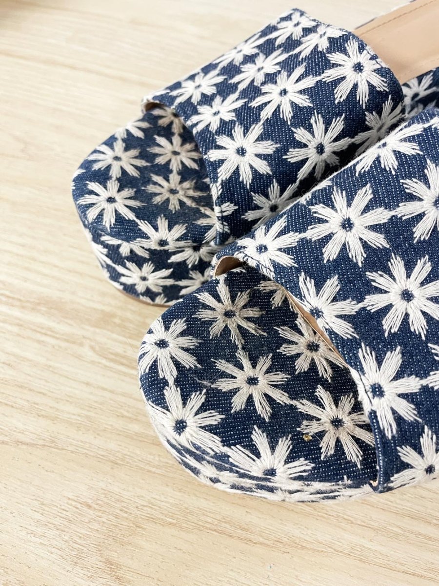 just fab 2024 esmie embroidered flowers denim block platform heeled sandal - good market thrift store