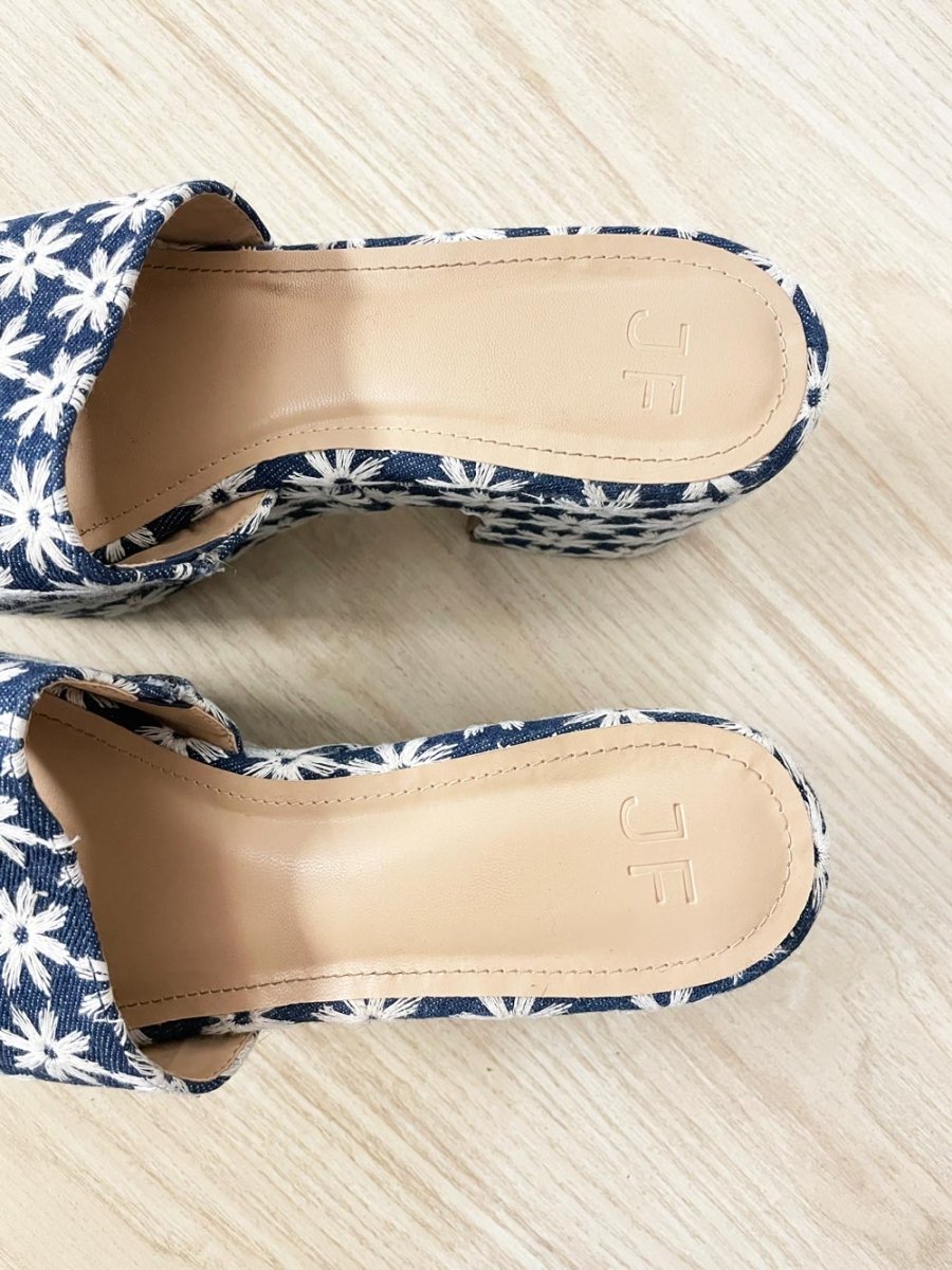 just fab 2024 esmie embroidered flowers denim block platform heeled sandal - good market thrift store