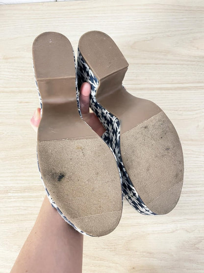 just fab 2024 esmie embroidered flowers denim block platform heeled sandal - good market thrift store