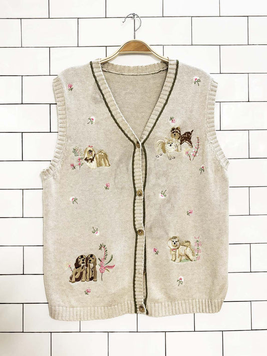 vintage 90s dog embroidered knit sweater vest
