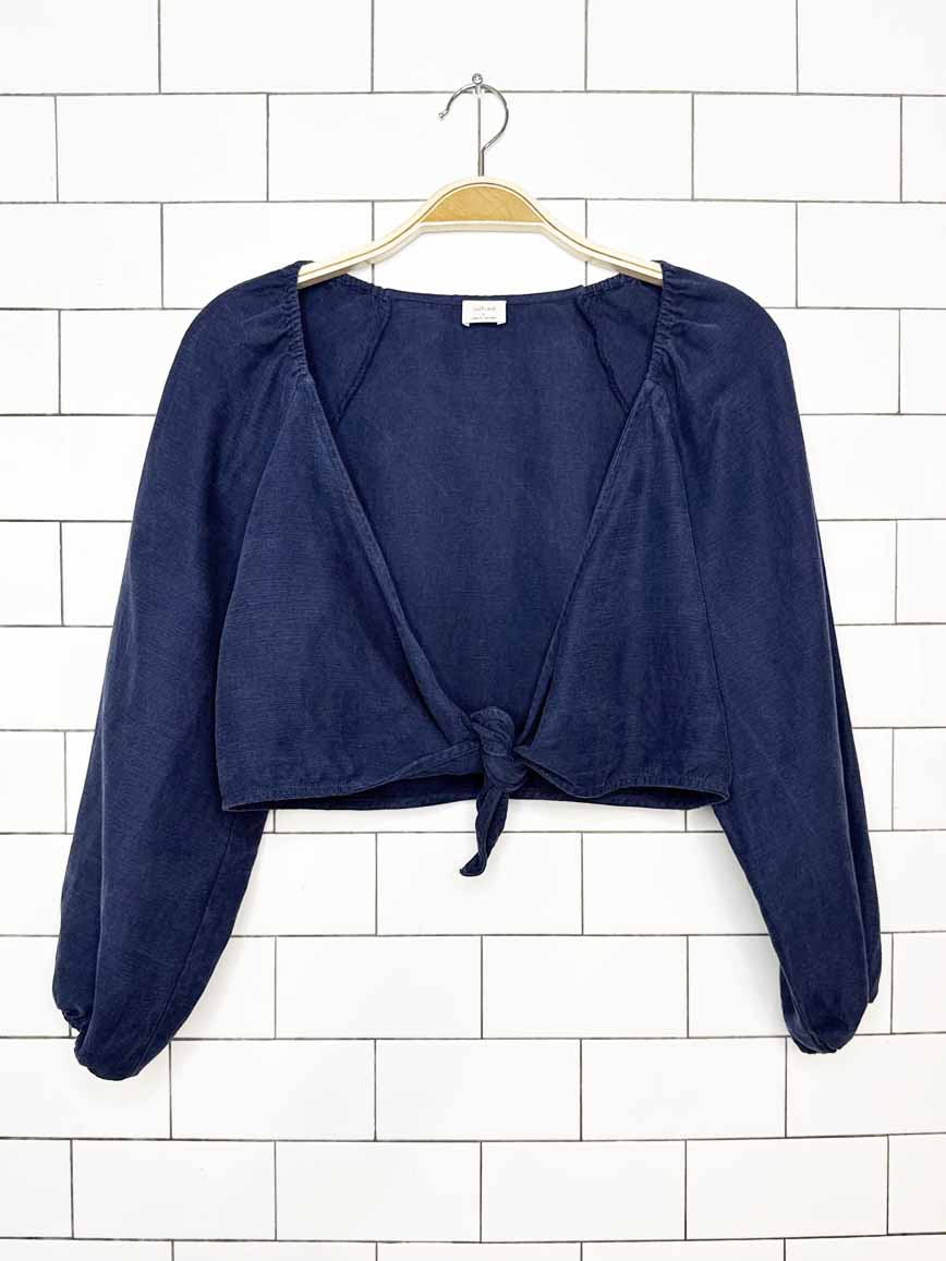 wilfred tenley 100% linen tie front balloon sleeve crop top | aritzia